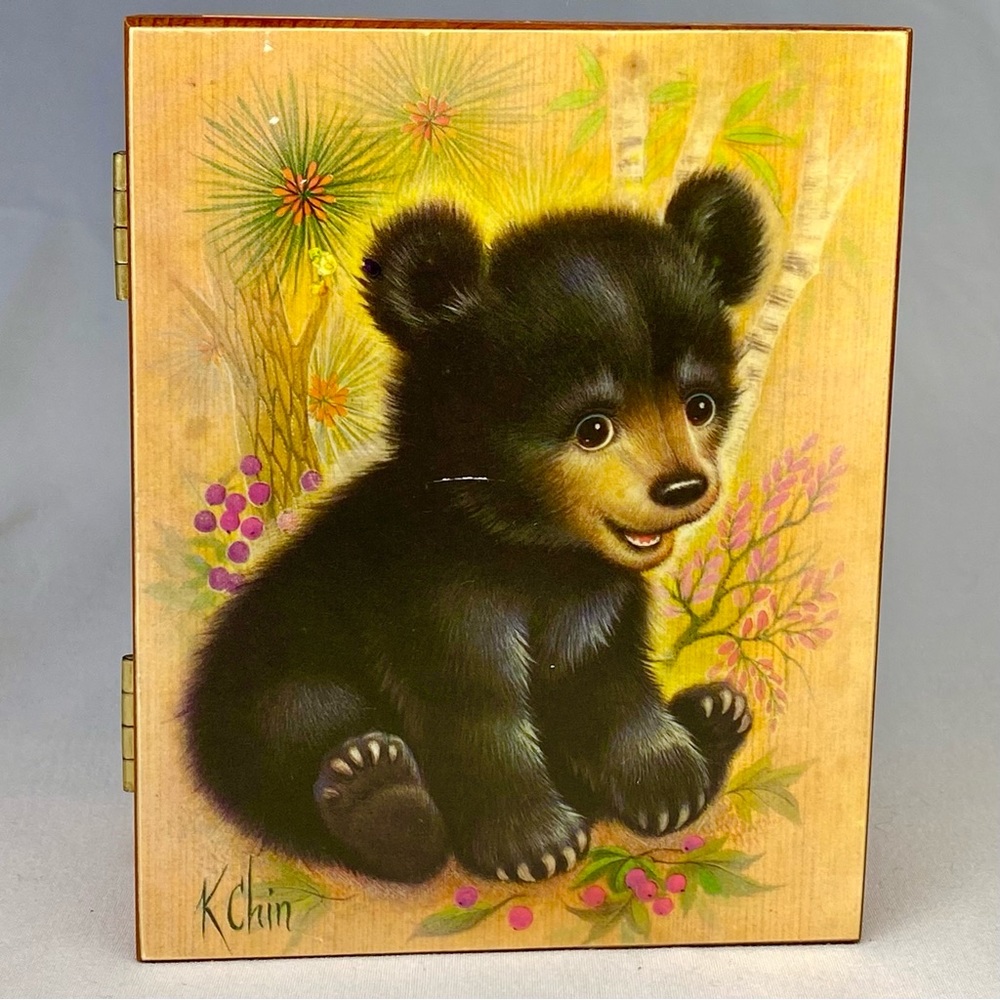 Vintage K Chin Art Print Black Bear On Cedar Wood Box 4 x 5